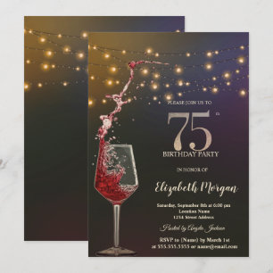 Invitación Luces de Cadena de Vino Tinto para Cumpleaños 75
