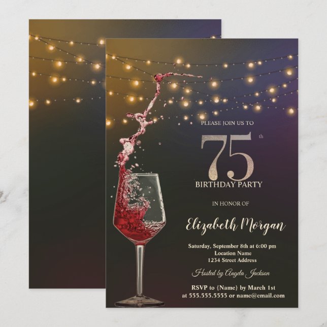 Invitación Luces de Cadena de Vino Tinto para Cumpleaños 75 (Anverso / Reverso)