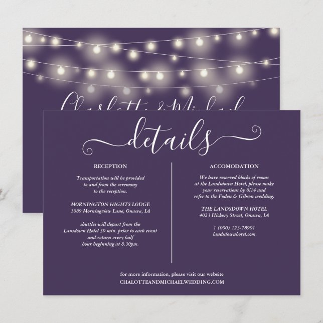 Invitación Luces de Cadena Detalles de Boda Morada Info (Anverso / Reverso)