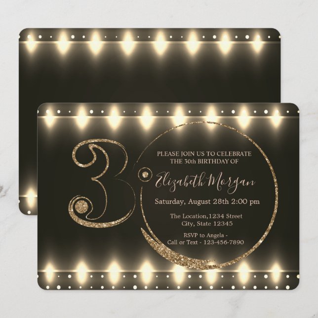 Invitación Luces de Cadena Doradas Brillantes Cumpleaños 30   (Anverso / Reverso)