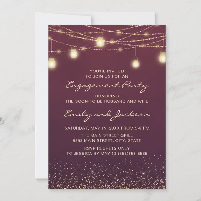 Invitación Luces de Cadena Doradas Burgundy Fiesta de Comprom (Anverso)
