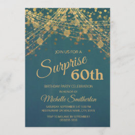 Invitación Luces de Cadena Doradas Teal con Bokeh para Cumple