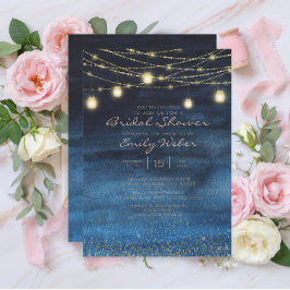 Invitación Luces de Cadena Doradas y Faroles de Color Azul Ma