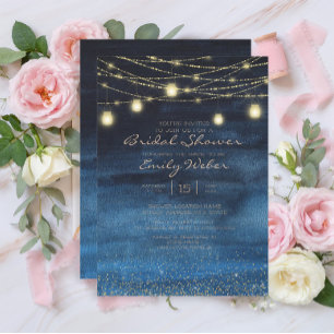 Invitación Luces de Cadena Doradas y Faroles de Color Azul Ma