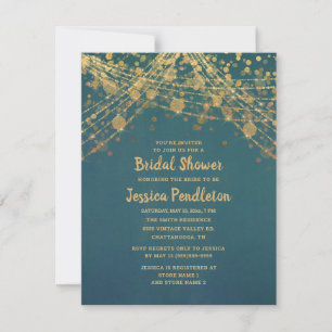 Invitación Luces de Cadena Doradas y Verde Azul Elegantes par