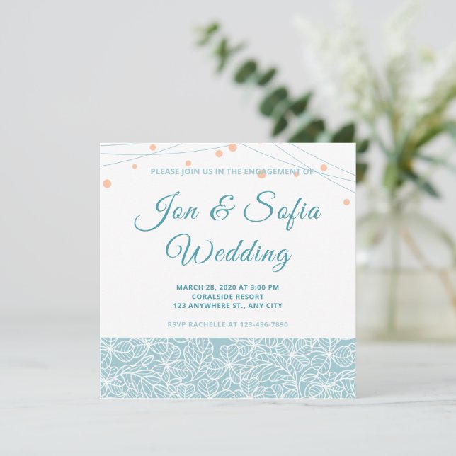 Invitación Luces De Cadena Elegantes Con Flora Azul (Anverso de pie)