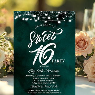 Invitación Luces de Cadena Elegantes Confeti Verde Dulces 16