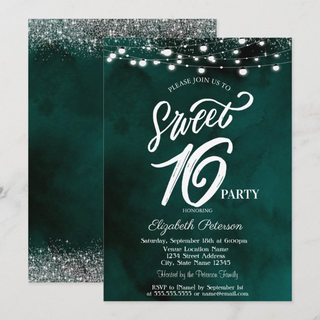 Invitación Luces de Cadena Elegantes Confeti Verde Dulces 16 (Anverso / Reverso)