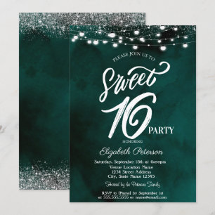 Invitación Luces de Cadena Elegantes Confeti Verde Dulces 16