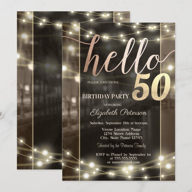Invitación Luces de Cadena Elegantes Cumpleaños 50 Negro (Anverso / Reverso)