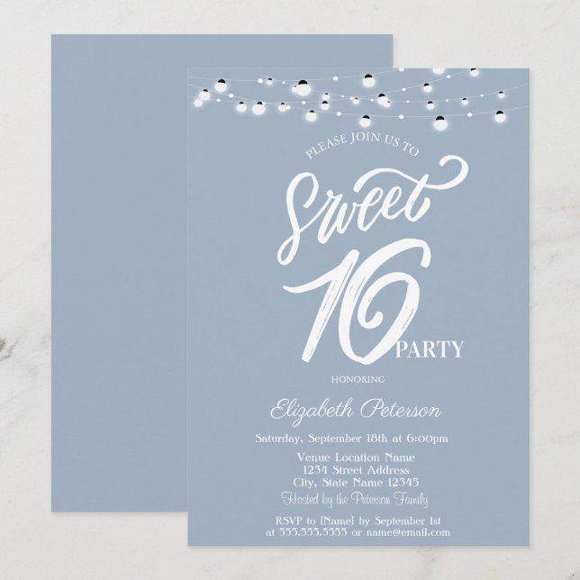 Invitación Luces de Cadena Elegantes Dusty Blue Sweet 16 (Anverso / Reverso)