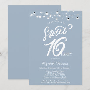 Invitación Luces de Cadena Elegantes Dusty Blue Sweet 16