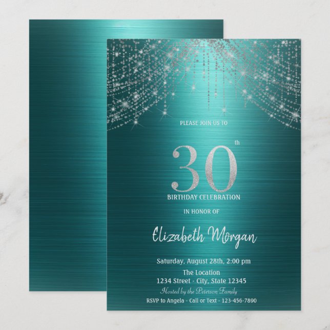 Invitación Luces de Cadena Elegantes Verde Metálico Cumpleaño (Anverso / Reverso)