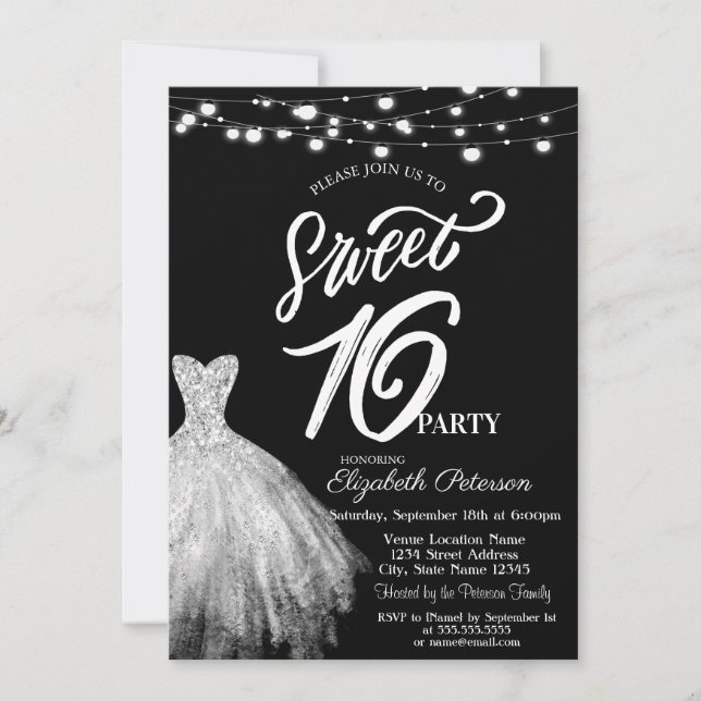 Invitación Luces de Cadena Elegantes Vestido Negro Dulces 16 (Anverso)