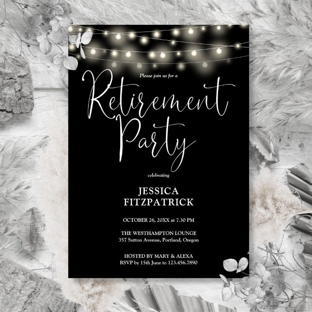 Invitación Luces de Cadena en Blanco y Negro Fiesta de Jubila (Black And White String Lights Retirement Party Invitation)