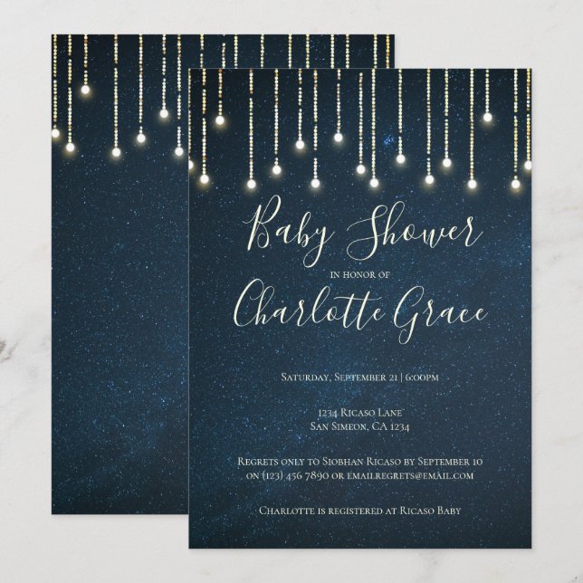 Invitación Luces De Cadena En Starry Sky Baby Shower (unisex) (Anverso / Reverso)