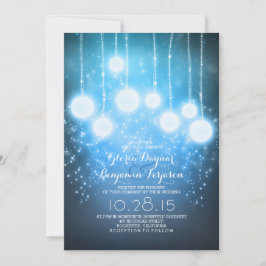 Invitación luces de cadena estrellada y farolillos boda azul