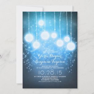 Invitación luces de cadena estrellada y farolillos boda azul
