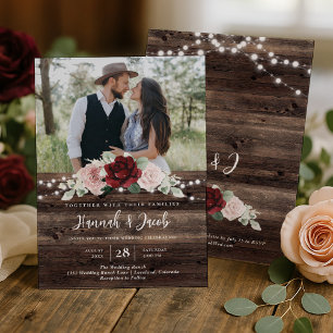 Invitación Luces de cadena Eucalyptus y Burgundy Floral Boda