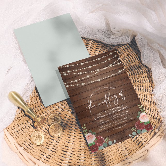 Invitación Luces de cadena Eucalyptus y Burgundy Floral Boda (Subido por el creador)