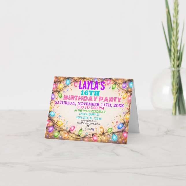 Invitación Luces de Cadena Festivas Cumpleaños Unisex (Anverso)