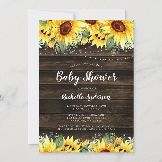 Invitación Luces de Cadena Floral de Girasol Rústico para Bab (Anverso)