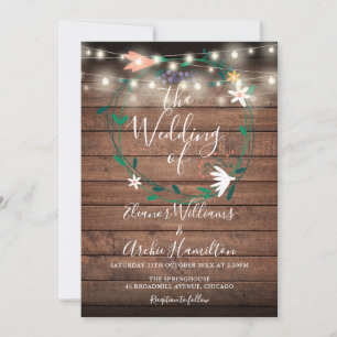 Invitación Luces de Cadena Floral Moderna Boda de Madera Rúst