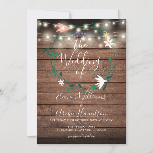 Invitación Luces de Cadena Floral Moderna Boda de Madera Rúst (Anverso)