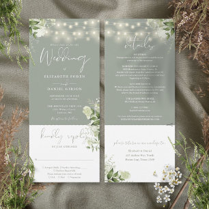 Invitación Luces de Cadena Floral Verde Salvia Boda Todo en U
