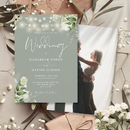 Invitación Luces de Cadena Floral Verde Salvia Foto Boda