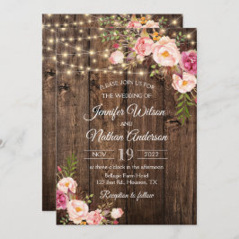 Invitación Luces de Cadena Florales Boho de Madera Rústica Bo