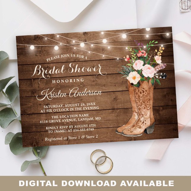 Invitación Luces de Cadena Florales con Botas Rústicas para D (Perfect for anyone planning a rustic-themed bridal shower filled with joy and love.)