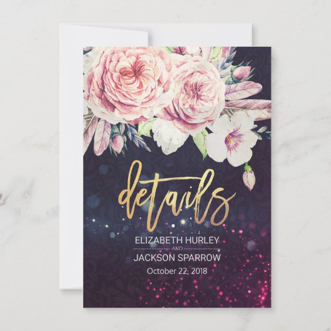 Invitación Luces de Cadena Florales de Detalle de Boda Morado (Reverso)