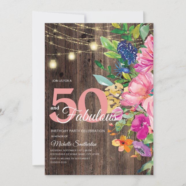 Invitación Luces de Cadena Florales de Madera Rústica Rosa 50 (Anverso)