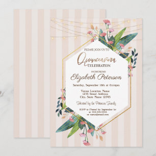 Invitación Luces de Cadena Florales Rayadas Quinceañera