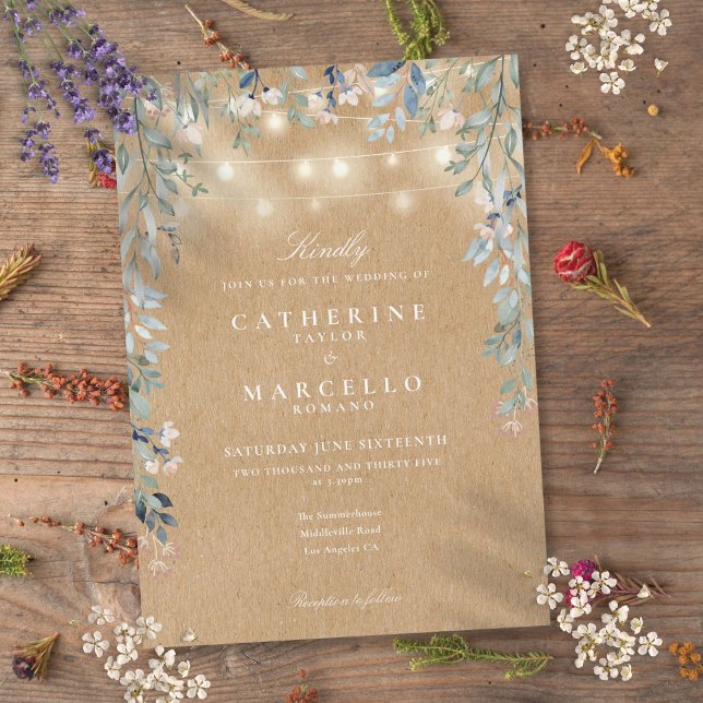Invitación Luces de Cadena Florales Rústicas para Boda (Floral String Lights Rustic Kraft Wedding Invitation)