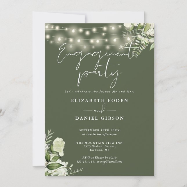 Invitación Luces de Cadena Florales Verde Oliva Fiesta de Com (Anverso)