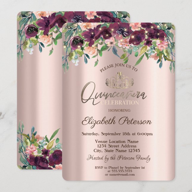 Invitación Luces de Cadena Flores Borgoña Rosas Quinceañera (Anverso / Reverso)
