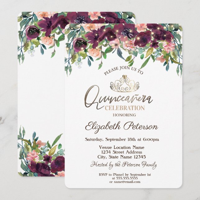 Invitación Luces de Cadena Flores de Burdeos Quinceañera (Anverso / Reverso)