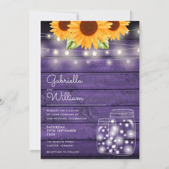 Invitación Luces de Cadena Flores de Girasol Frascos de Mason (Anverso)