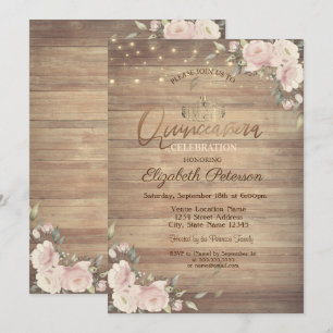 Invitación Luces de Cadena Flores Rosadas Quinceañera de Made