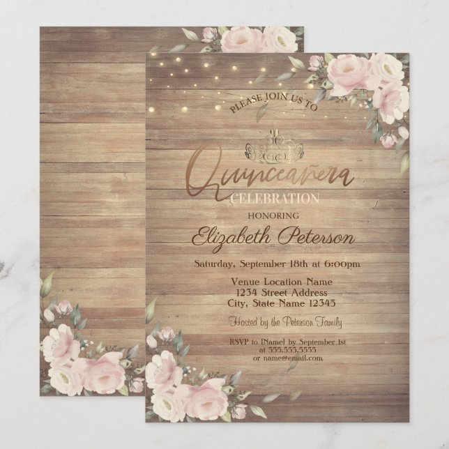 Invitación Luces de Cadena Flores Rosadas Quinceañera de Made (Anverso / Reverso)