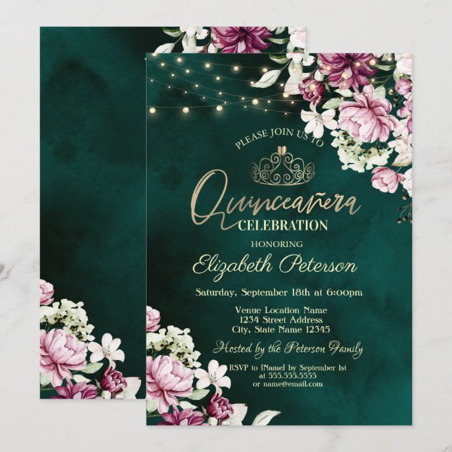 Invitación Luces de Cadena Flores Rosadas Quinceañera Verde (Anverso / Reverso)