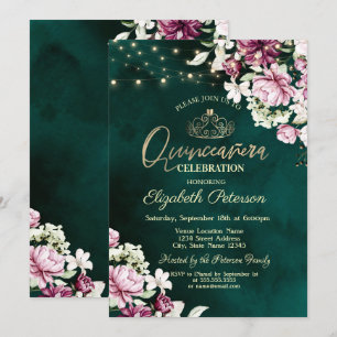 Invitación Luces de Cadena Flores Rosadas Quinceañera Verde