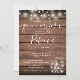 Invitación Luces de Cadena Frascos de Mason Escritura Quincea
