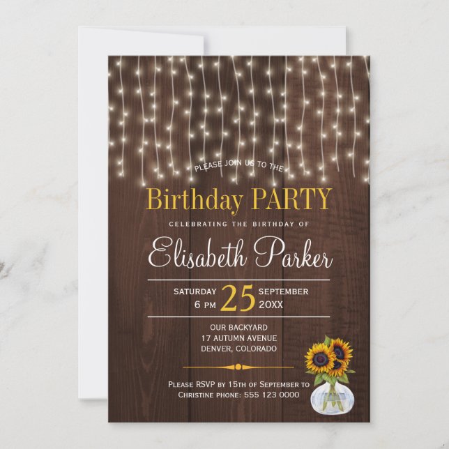 Invitación Luces de cadena girasoles fiesta de cumpleaños rús (Anverso)