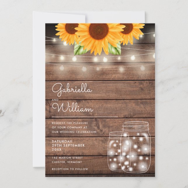 Invitación Luces de Cadena Girasoles Frascos Rústicos Boda (Anverso)