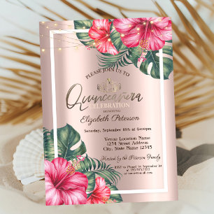 Invitación Luces de Cadena Hibisco Rosa Dorado Quinceañera