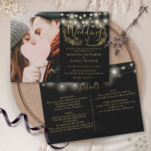 Invitación Luces de Cadena Hojas Doradas Detalles de Boda Fot