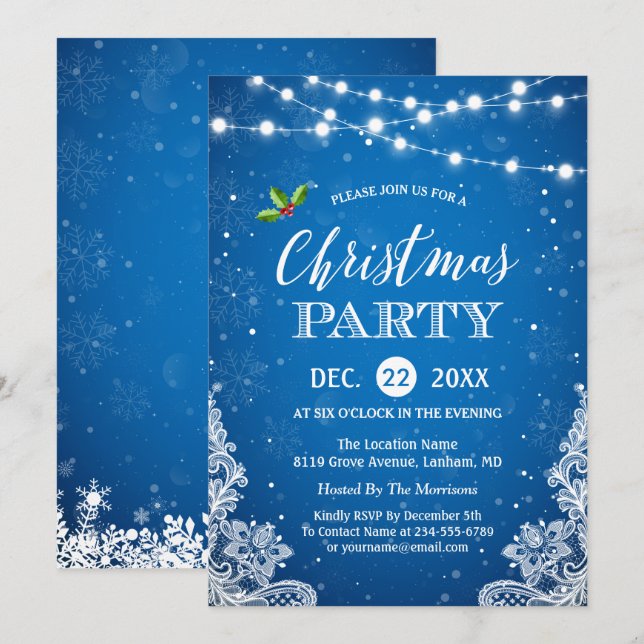 Invitación Luces de cadena Lace Snowflakes Fiesta Navidades a (Anverso / Reverso)